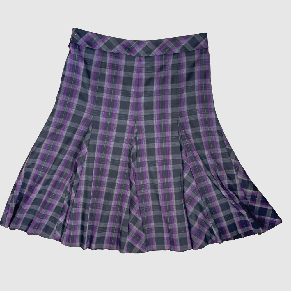 VTG Y2K Dark Academia Plaid Pleated A-Line Midi Skirt Womens Plus 1X Purple Gray